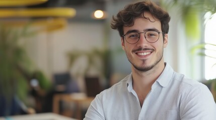 Obraz premium Un hombre de negocios en la oficina de una empresa sonriendo