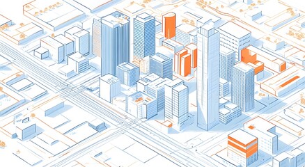 Fototapeta premium The digital city plan features a colorful blueprint of a city, which gives an idea of ​​a modern city. The design also includes some plants, which highlight the city's environment.