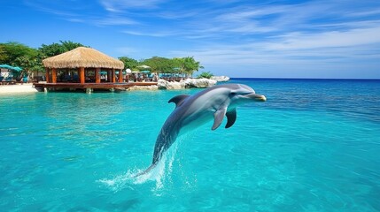 Fototapeta premium A playful dolphin leaping out of turquoise ocean waters