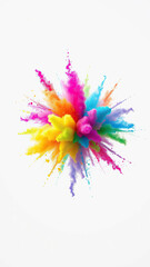 Obraz premium Close-up of multicoloured powders bursting into the air from an invisible source on a pure white surface creating a kaleidoscopic effect , coloured particles, cloud of colour., splattered powders