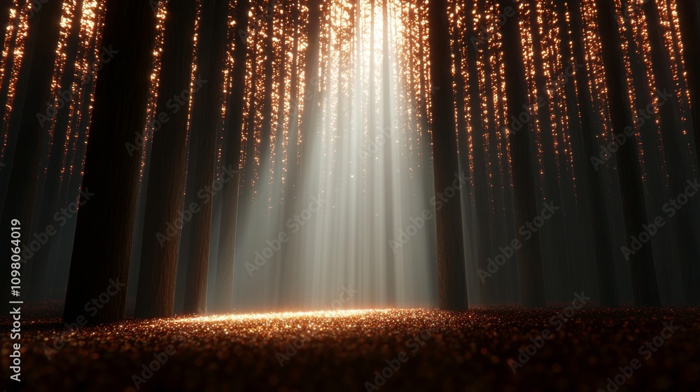 Poster cascading effect of digital pixels in a warm forest bathed in radiant light and shadows from tall tr