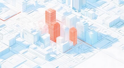 Fototapeta premium The digital city plan features a colorful blueprint of a city, which gives an idea of ​​a modern city. The design also includes some plants, which highlight the city's environment.