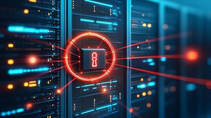 Obraz premium Hacker Cybersecurity Black Hat Secure data storage with digital lock highlighted in server room.