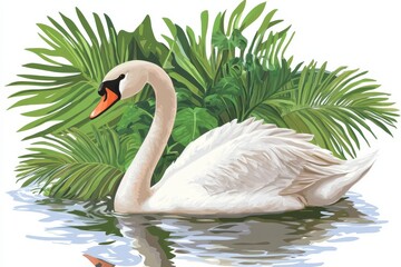 Obraz premium Graceful Swan and Lush Greenery in Serene Water Reflection Scene