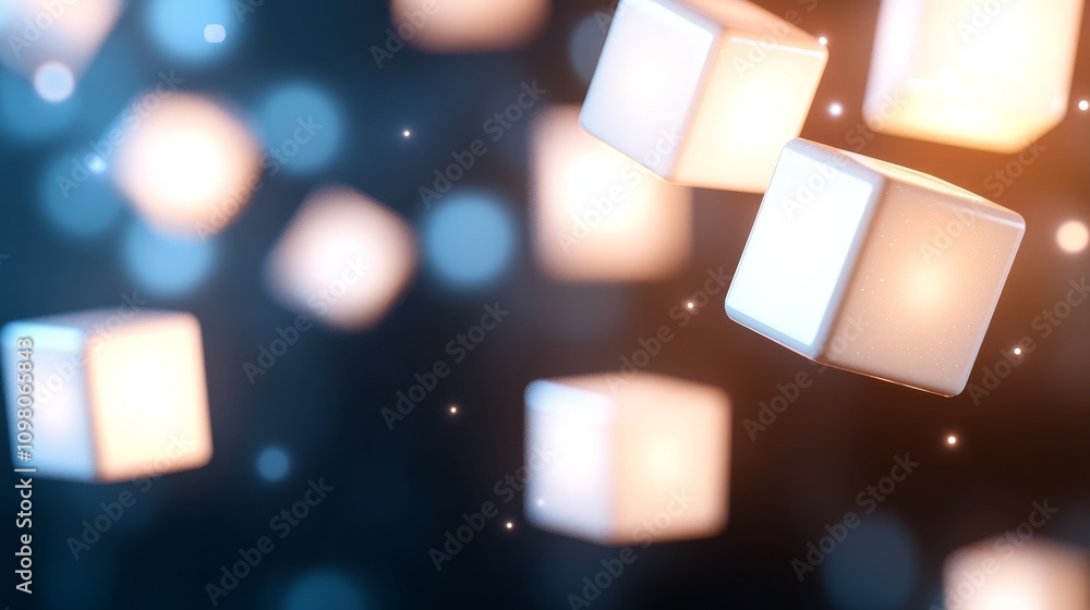 Poster series of radiant floating cubes with glowing light on a soft focus background for abstract themes
