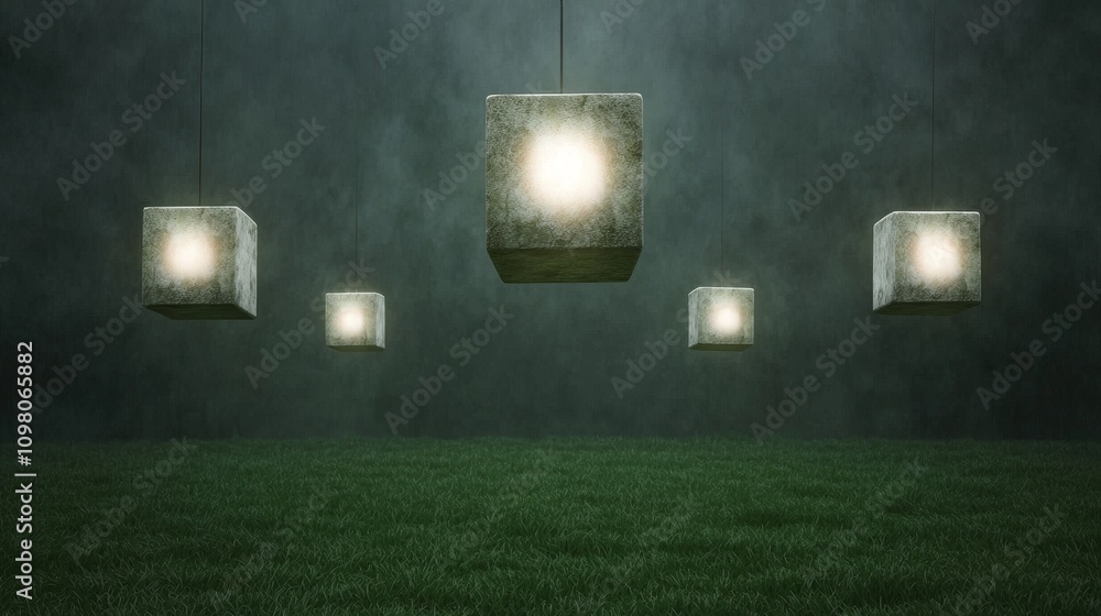 Poster Radiant Floating Cubes Emitting Soft Glow in Dark Atmospheric Environment