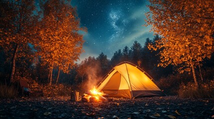Cozy Autumn Campsite with Campfire Under Starlit Sky