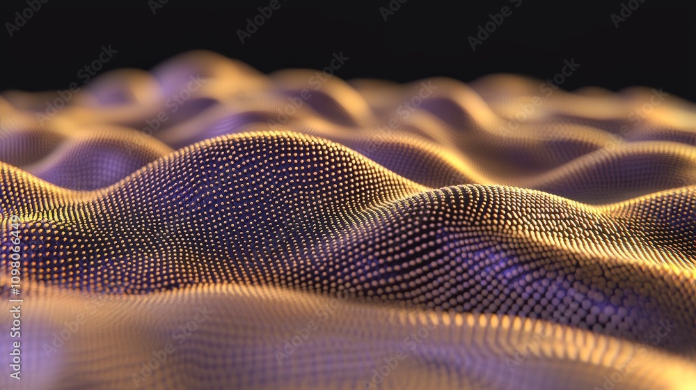 Poster vibrant abstract mesh of glowing lines in a wave pattern reflecting light and movement in a digital 
