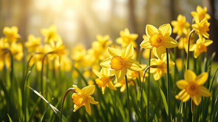 Fototapeta premium Daffodils swaying in the wind as sunlight filters through, floral scene., daffodils, sun filter, landscape photography, sunny day