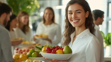Smiling woman holding bowl of fresh fruits at lively gathering in bright, modern setting surrounded by friends and healthy food options