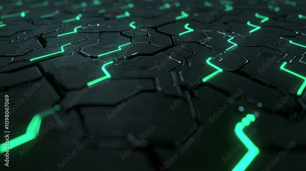 Poster abstract digital scene with glowing circuits on a dark surface for futuristic technology background