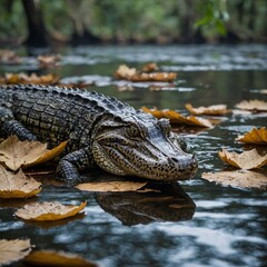Obraz premium A spectacled caiman lurking beneath the water's surface near fallen leaves.