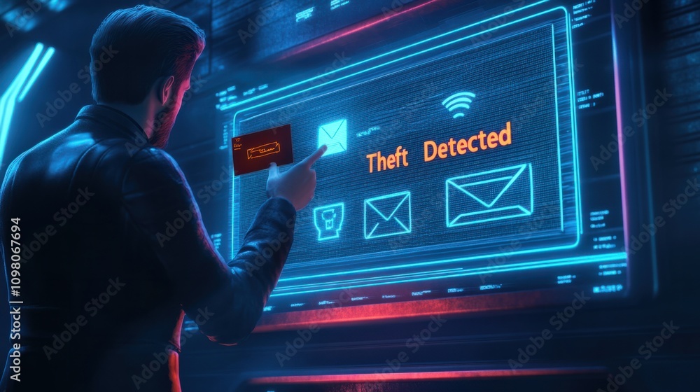 Poster professional examining a futuristic screen with glowing 