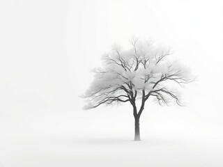Obraz premium Ethereal mist surrounds a lone tree on a serene abstract white background, nature, , serene landscape, isolation, whiteness
