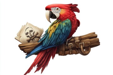 Obraz premium Colorful Parrot Perched on a Wooden Branch with Pirate Flags and Symbols