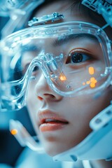 Close-up of a woman wearing high-tech goggles in a futuristic setting