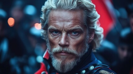 Obraz premium Veteran soldier in historical costume stands resolute during a ceremonial gathering at dusk