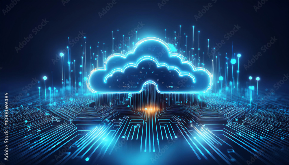 Poster a glowing blue cloud with data streams flowing from it, set against a backdrop of circuit boards and