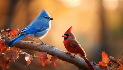 A blue bird and a red bird perched on a branch with a blurred autumn background Generative AI
