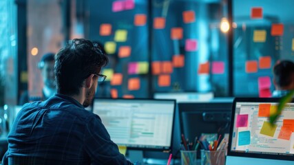Fototapeta premium Focused Worker in Modern Office Surrounded by Colorful Post-It Notes