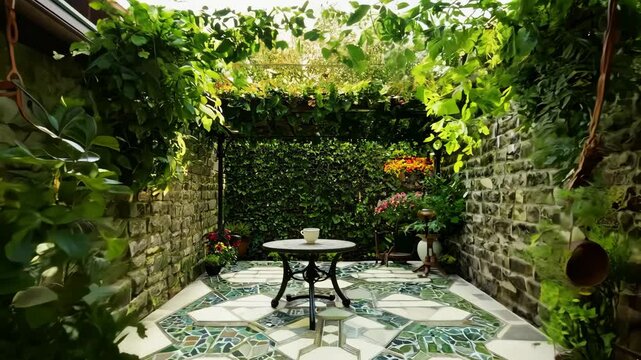Relaxing garden oasis featuring vibrant greenery and elegant stonework in a serene outdoor space