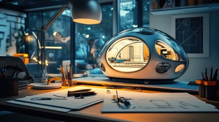 Fototapeta premium A workspace lit by a desk lamp, showcasing a futuristic pod house model with precise drafting tools nearby