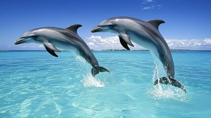 Two Dolphins Jumping Joyfully Above Clear Ocean Water Surface