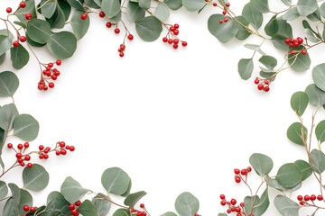 Modern Christmas Background with Eucalyptus and Holly Berry Border for Banners and Greeting Cards