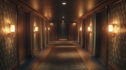 Fototapeta premium Dark hotel corridor with vintage decor, doors, and wall sconces.