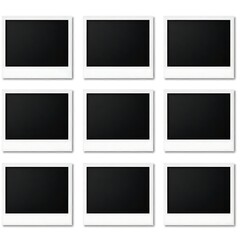 Nine blank polaroid photo prints template lying on wooden background