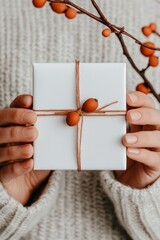 Obraz premium Gift box wrapped in brown twine with decorative berries in cozy sweater environment