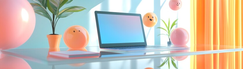 Laptop Displayed on Glass Desk with Colorful Balls and Plants