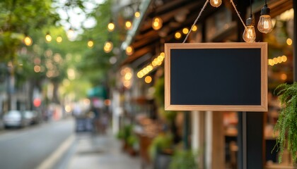 A rustic wooden sign hangs outside a charming cafe, illuminated by soft lights, creating a cozy atmosphere along a vibrant street.