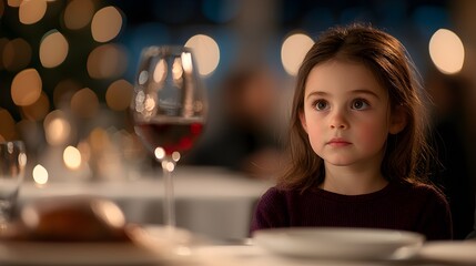Young girl gazing thoughtfully at a restaurant table setting
