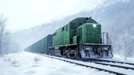 Obraz premium Green train in snowy mountains.