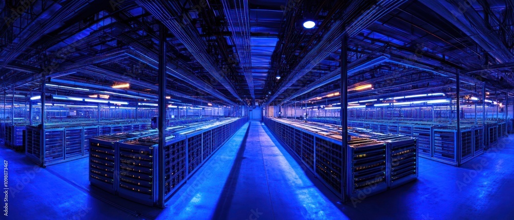 Poster a panoramic view of a data center filled with server racks and illuminated by blue lighting.