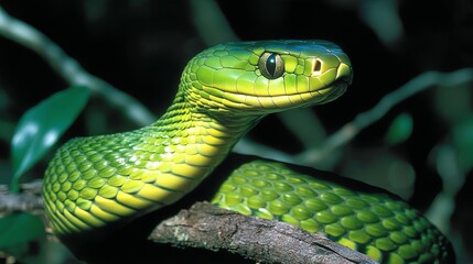 Fototapeta premium Green Snake Closeup: A Striking Reptile Portrait