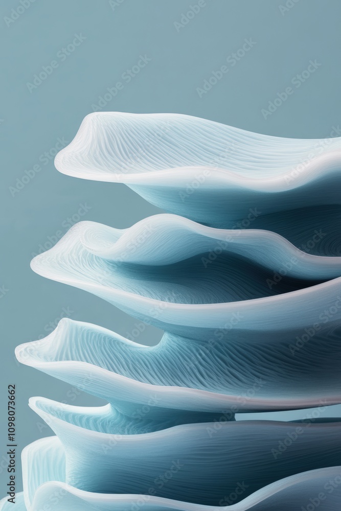 Poster soft blue layered forms creating an abstract sculpture in a minimalist setting