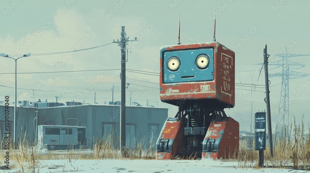 Poster a cute robot with a retro design stands in a snow-covered, deserted town, creating a whimsical and m