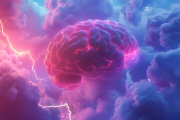 A digital illustration of the brain. Electrical currents and flashes of lightning on a blue background.