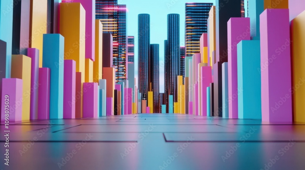 Aufkleber futuristic urban skyline with colorful geometric architectural structures representing modern develo