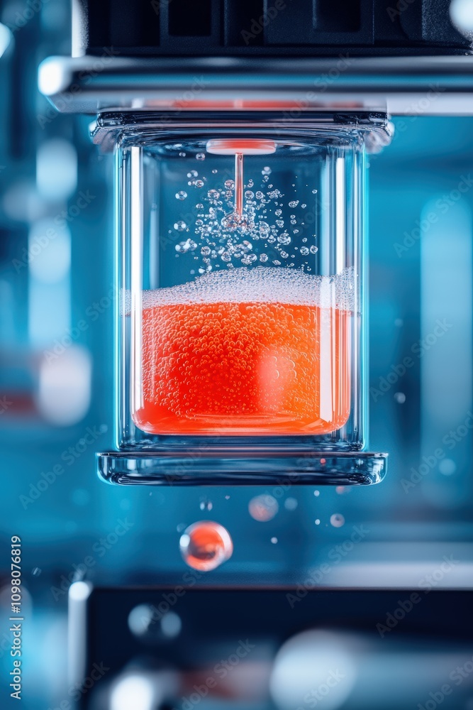 Poster bubbles forming in bright red liquid during a scientific experiment in a lab setting