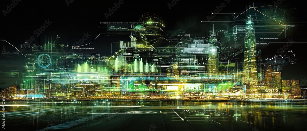 Poster futuristic cityscape with digital overlays representing technology and data visualization.