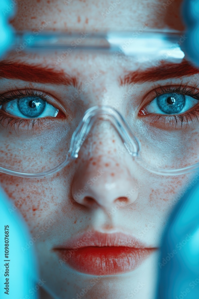 Poster young scientist examining sample with intense focus in a lab setting