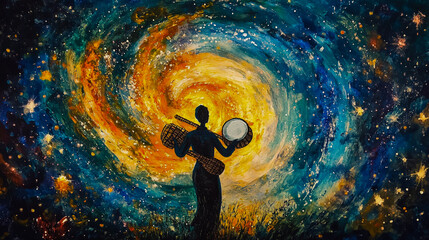 A person with an ocarina and drum is seen from behind, standing in the center of swirling galaxies and stars, creating a cosmic scene.