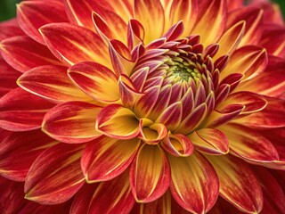 Fototapeta premium Red and yellow dahlia flower, detailed drone perspective.