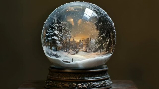 Christmas snow globe. Winter holiday concept. New Year celebration and Christmas Eve. Holiday decor, festive decoration. Snowy landscape in magical snowglobe