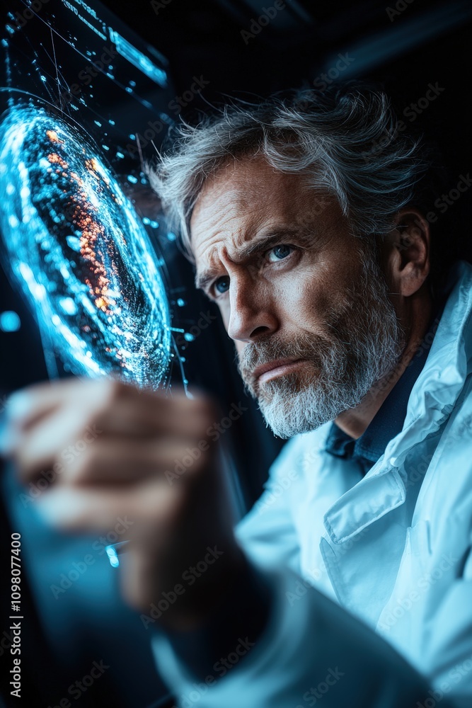 Poster researcher analyzes data on a holographic display in a modern laboratory setting