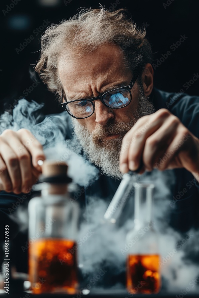 Poster scientist conducts experiments with colorful liquids in a laboratory setting