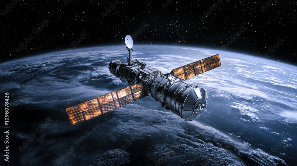 Poster exploring space technology earth observation from advanced spacecraft in orbit
